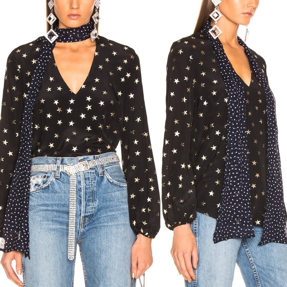 RIXO Angie Top Black & Gold Metallic Star Print Silk Blouse w/ Neck Tie Large